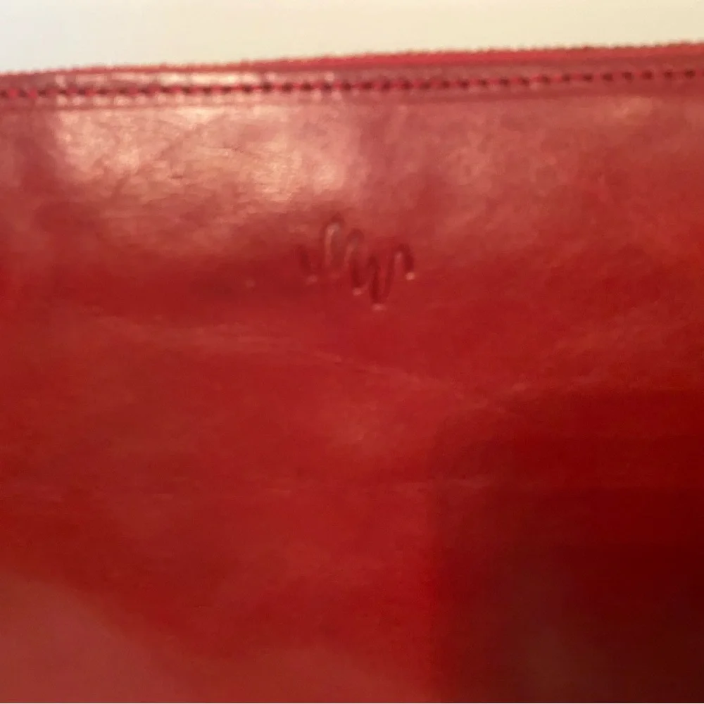 VINTAGE MONSAC ORIGINAL BAG SHOULDER SHINY RED LEATHER 2 STRAP ZIP TOP ENVELOPE